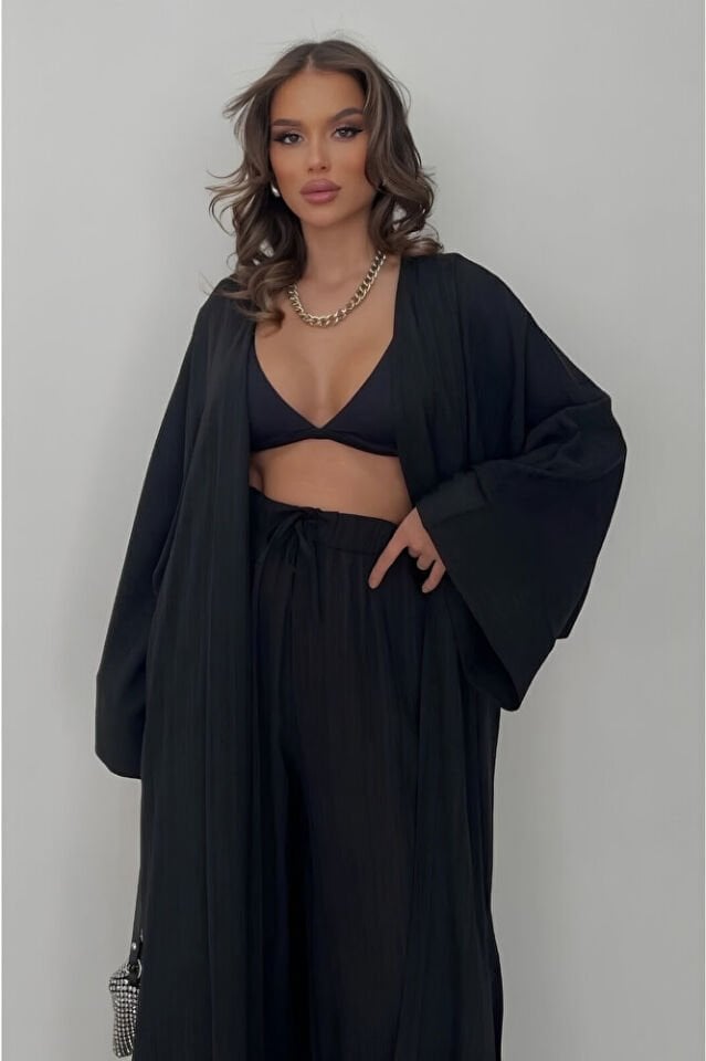 Kadın Siyah Kimono Takım Uzun Yırtmaçlı Gofre Dokulu Pantolonlu Bohem Yazlık Kombin