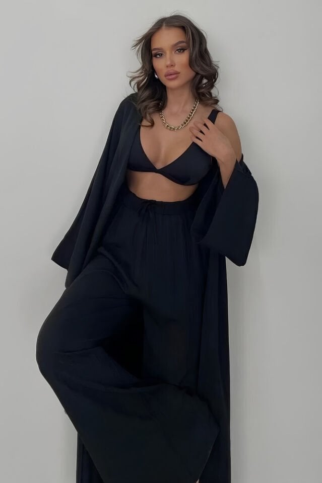 Kadın Siyah Kimono Takım Uzun Yırtmaçlı Gofre Dokulu Pantolonlu Bohem Yazlık Kombin
