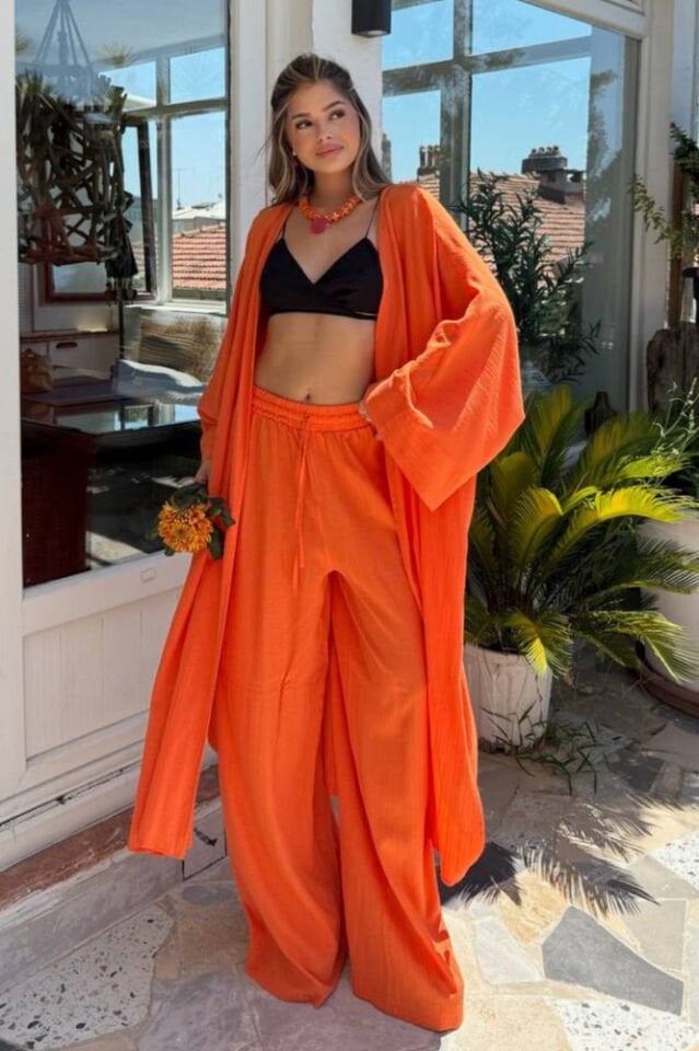 Kadın Turuncu Kimono Takım Uzun Yırtmaçlı Gofre Dokulu Pantolonlu Bohem Yazlık Kombin