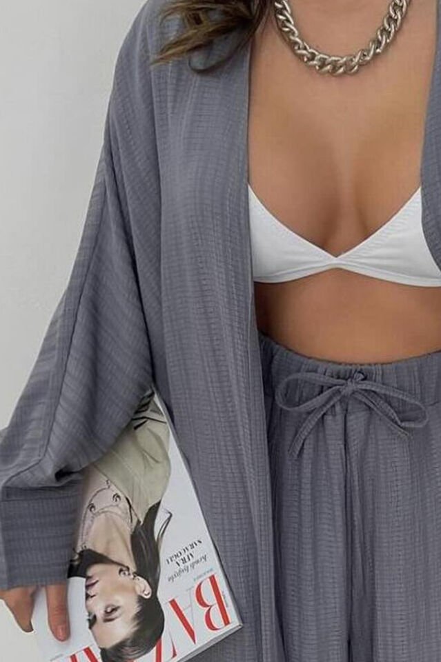 Kadın Antrasit Gri Kimono Takım Uzun Yırtmaçlı Gofre Dokulu Pantolonlu Bohem Yazlık Kombin