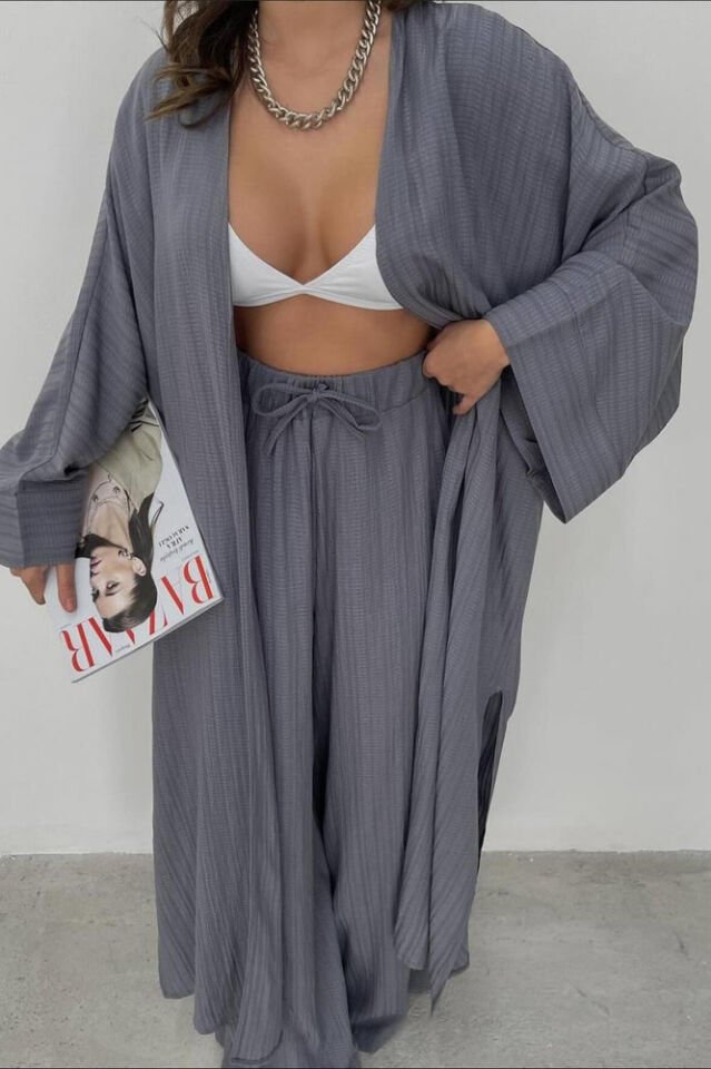 Kadın Antrasit Gri Kimono Takım Uzun Yırtmaçlı Gofre Dokulu Pantolonlu Bohem Yazlık Kombin