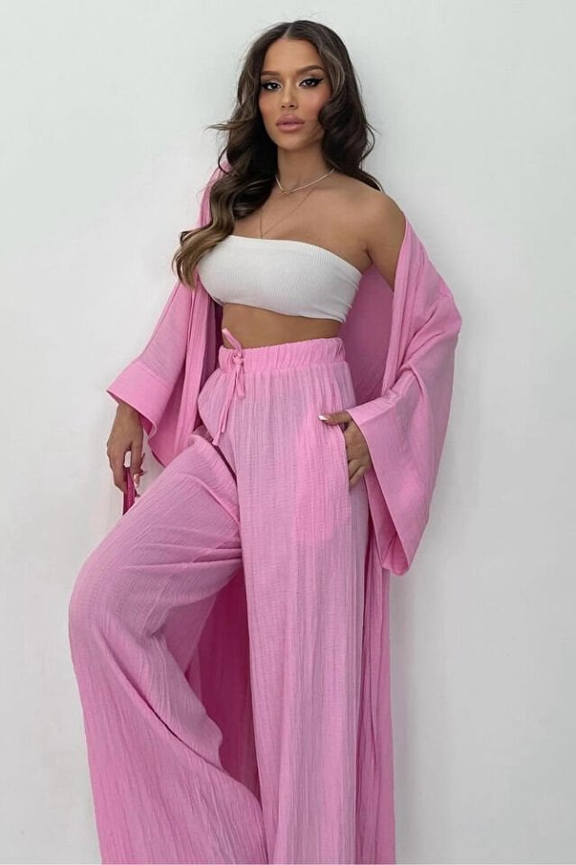 Kadın Pembe Kimono Takım Uzun Yırtmaçlı Gofre Dokulu Pantolonlu Bohem Yazlık Kombin