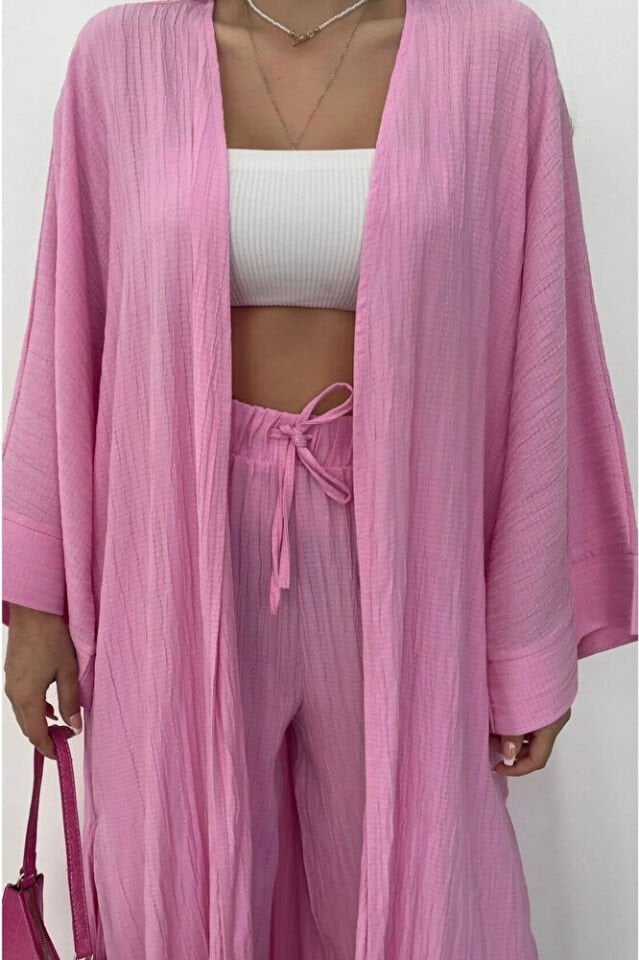 Kadın Pembe Kimono Takım Uzun Yırtmaçlı Gofre Dokulu Pantolonlu Bohem Yazlık Kombin