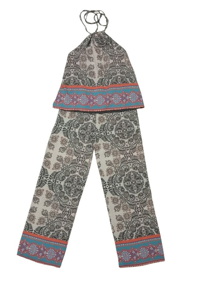 Kadın Antrasit Etnik Desenli Alt Üst Takım Gül Aplikeli Pantolon Bluz %50 Keten %50 Pamuk