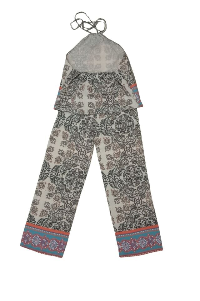 Kadın Antrasit Etnik Desenli Alt Üst Takım Gül Aplikeli Pantolon Bluz %50 Keten %50 Pamuk