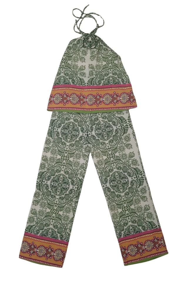 Kadın Yeşil Etnik Desenli Alt Üst Takım Gül Aplikeli Pantolon Bluz %50 Keten %50 Pamuk