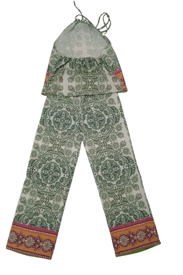 Kadın Yeşil Etnik Desenli Alt Üst Takım Gül Aplikeli Pantolon Bluz %50 Keten %50 Pamuk