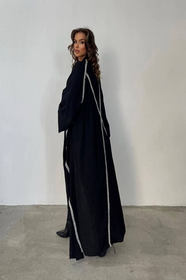 Kadın Siyah Nakışlı Gofre Maxi Kimono İnce Kumaş Bohem Yazlık Plaj Kaftan