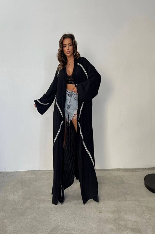 Kadın Siyah Nakışlı Gofre Maxi Kimono İnce Kumaş Bohem Yazlık Plaj Kaftan
