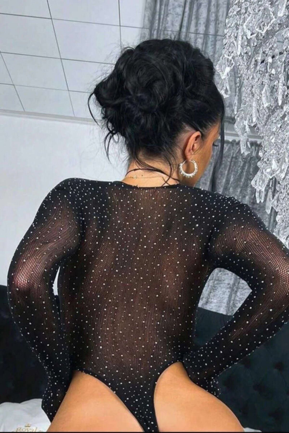 Kadın Siyah Taşlı Çapraz Göğüs Dekolteli Fantezi Bodysuit Vücut Çorabı