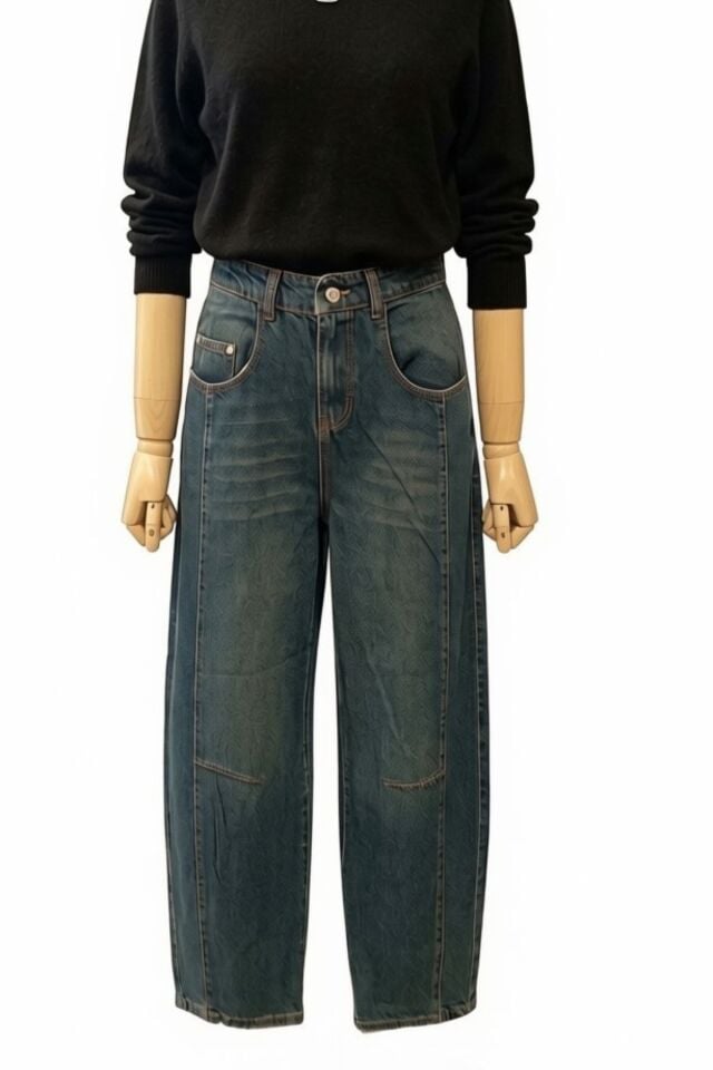 Kadın Soluk Lacivert Eskitme Yıkamalı %100 Pamuk Balon Kot Pantolon Jeans