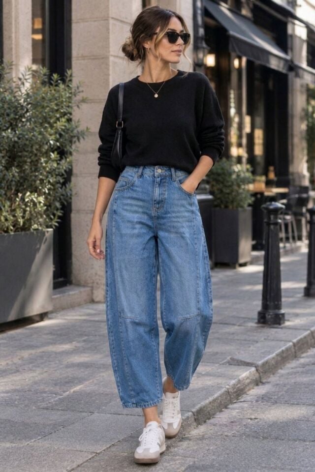 Kadın Mavi Eskitme Paça Yıkamalı %100 Pamuk Balon Kot Pantolon Jeans