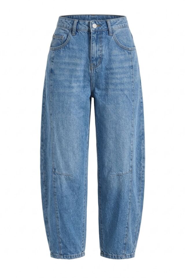 Kadın Mavi Eskitme Paça Yıkamalı %100 Pamuk Balon Kot Pantolon Jeans