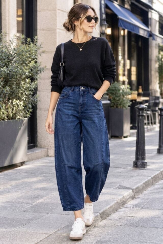 Kadın Lacivert Yıpratmalı Paça Yıkamalı %100 Pamuk Balon Kot Pantolon Jeans