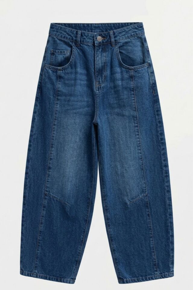 Kadın Lacivert Yıpratmalı Paça Yıkamalı %100 Pamuk Balon Kot Pantolon Jeans
