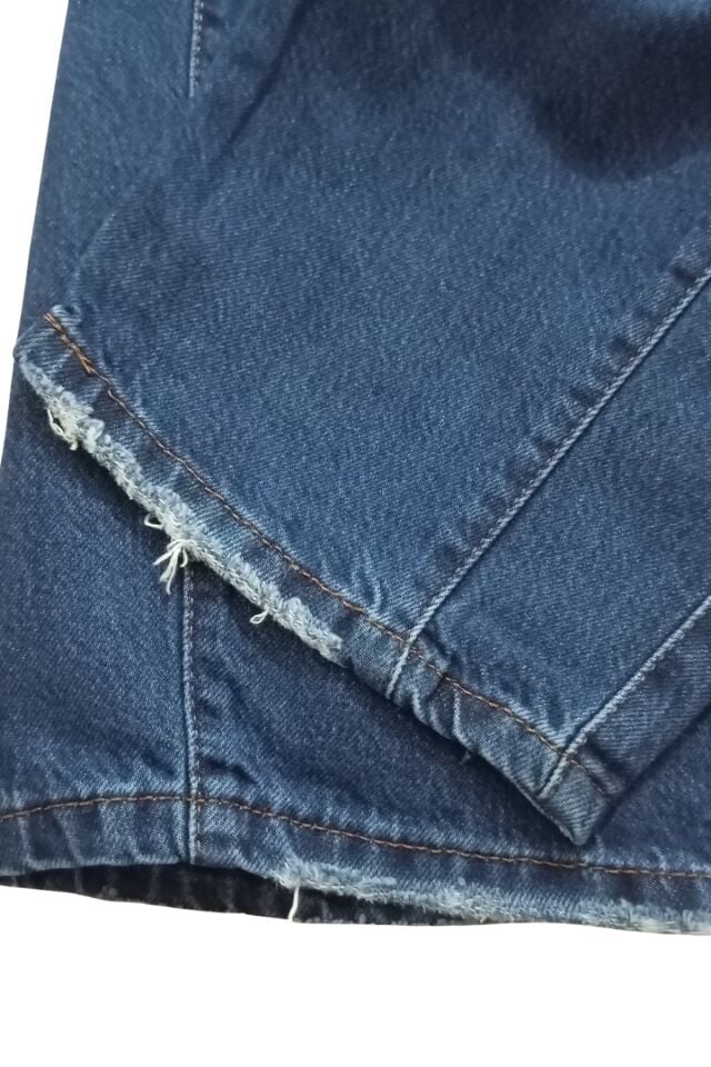 Kadın Lacivert Yıpratmalı Paça Yıkamalı %100 Pamuk Balon Kot Pantolon Jeans