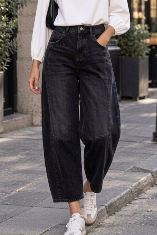 Kadın Siyah Yıpratmalı Paça Yıkamalı %100 Pamuk Balon Kot Pantolon Jeans