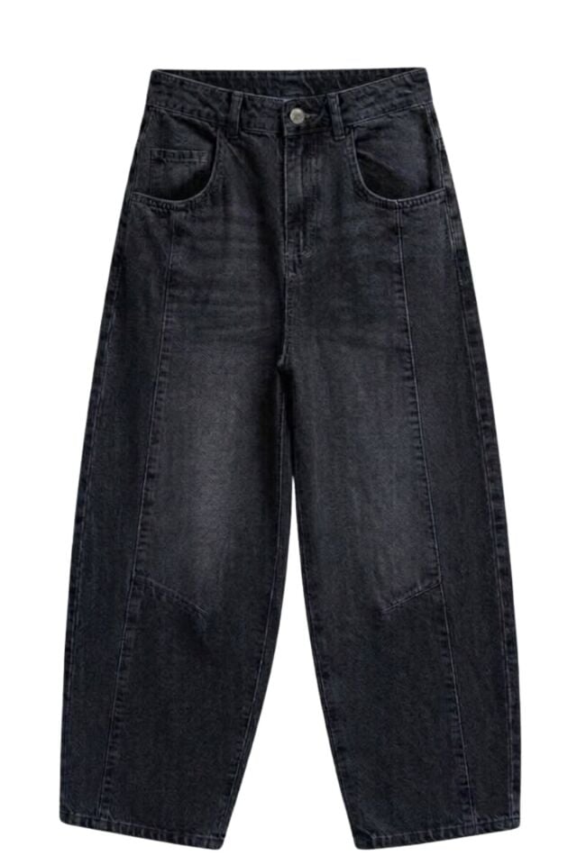 Kadın Siyah Yıpratmalı Paça Yıkamalı %100 Pamuk Balon Kot Pantolon Jeans