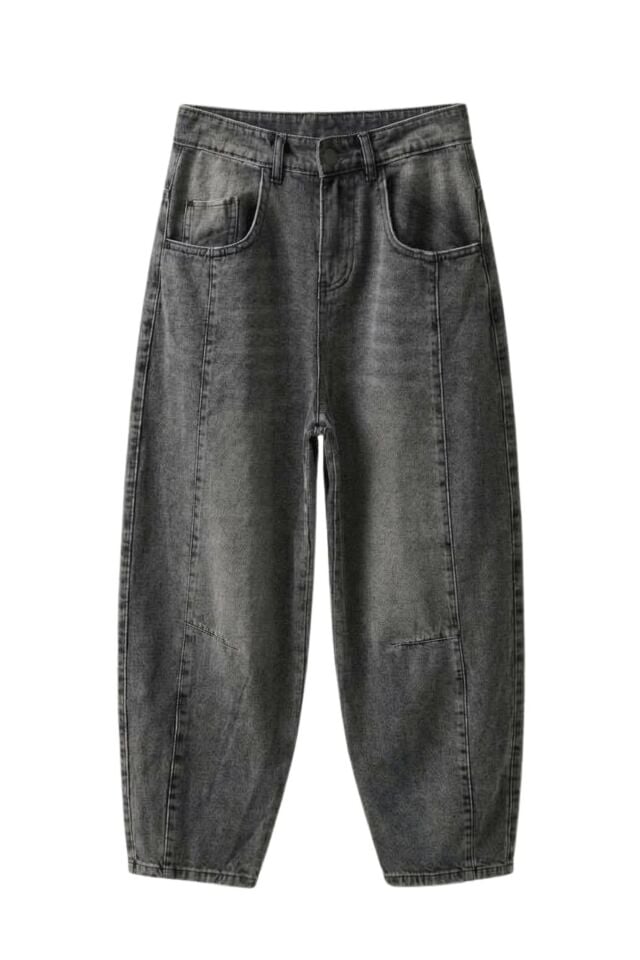 Kadın Gri Yıpratmalı Paça Yıkamalı %100 Pamuk Balon Kot Pantolon Jeans