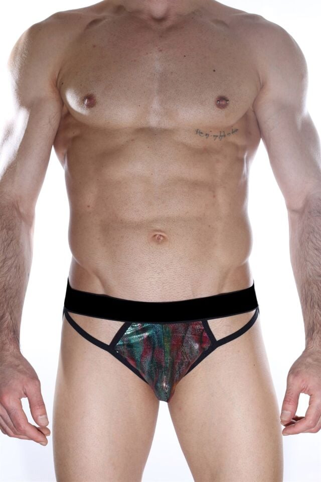 Erkek Siyah Parlak Desenli Jockstrap Fantezi İç Çamaşırı
