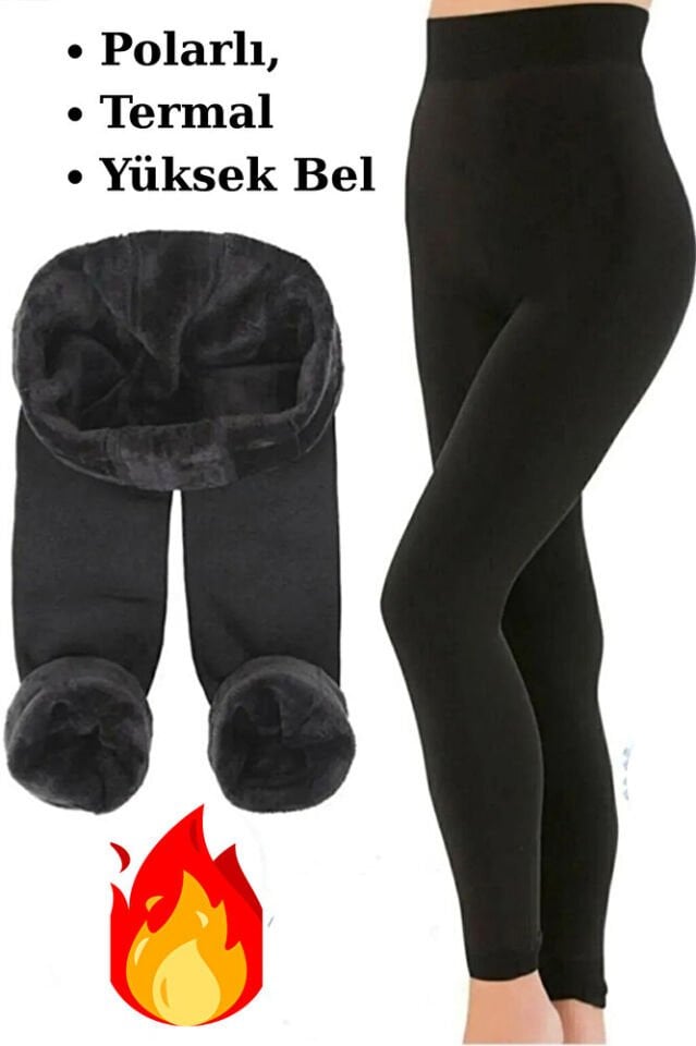 Kadın Siyah Termal İçlik Tayt – Yüksek Bel, İçi Peluş Polar, Bilek Bantlı, Kışlık