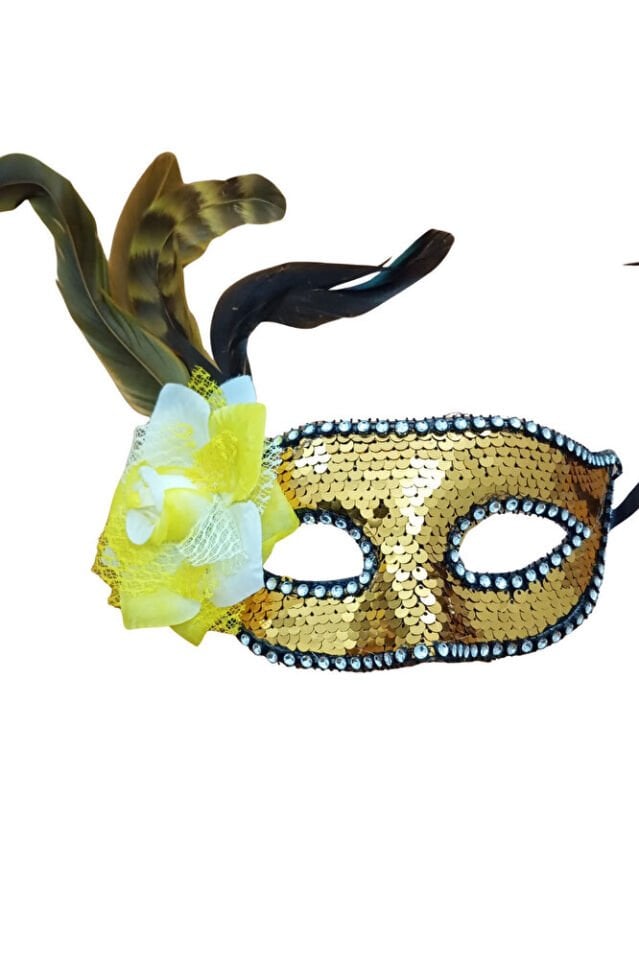 Sarı Payetli Bağcıklı Parti Maskesi – El Yapımı, Karnaval & Maskeli Balo Aksesuarı