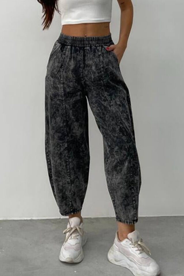 Kadın Siyah Kar Yıkamalı Gabardin Şalvar Pantolon – Rahat Kesim, Pamuklu