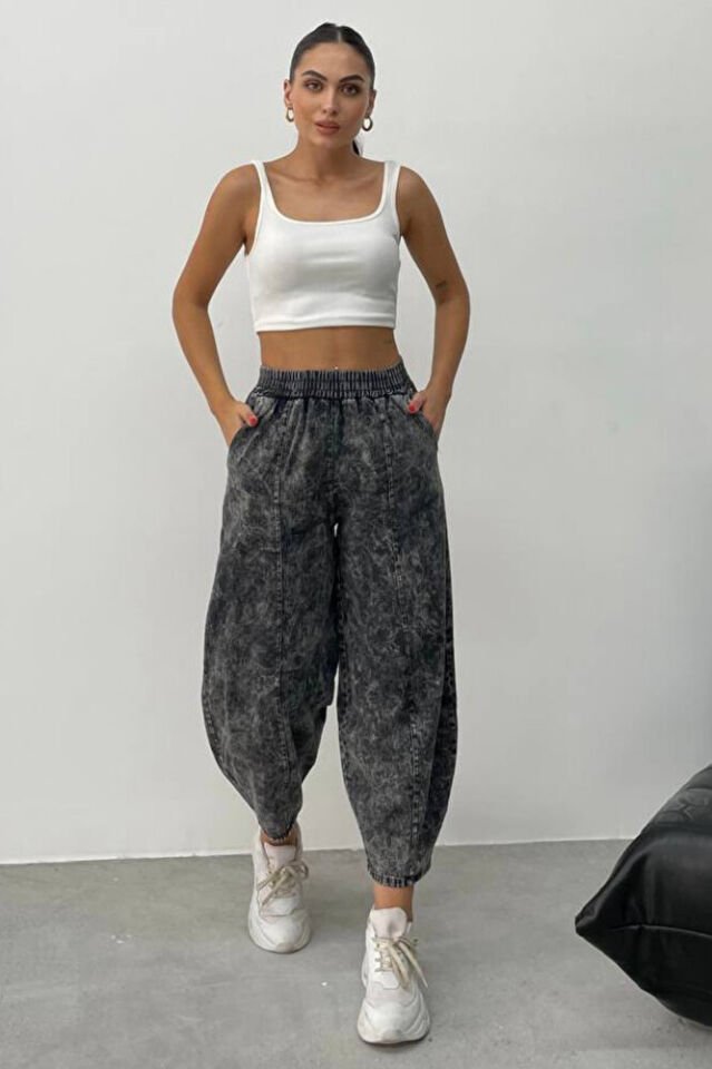 Kadın Siyah Kar Yıkamalı Gabardin Şalvar Pantolon – Rahat Kesim, Pamuklu