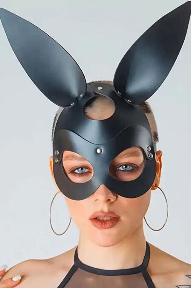 Fantazi Maske Bunny Deri Maske Fantezi Kostüm Mask-17 Kırmızı