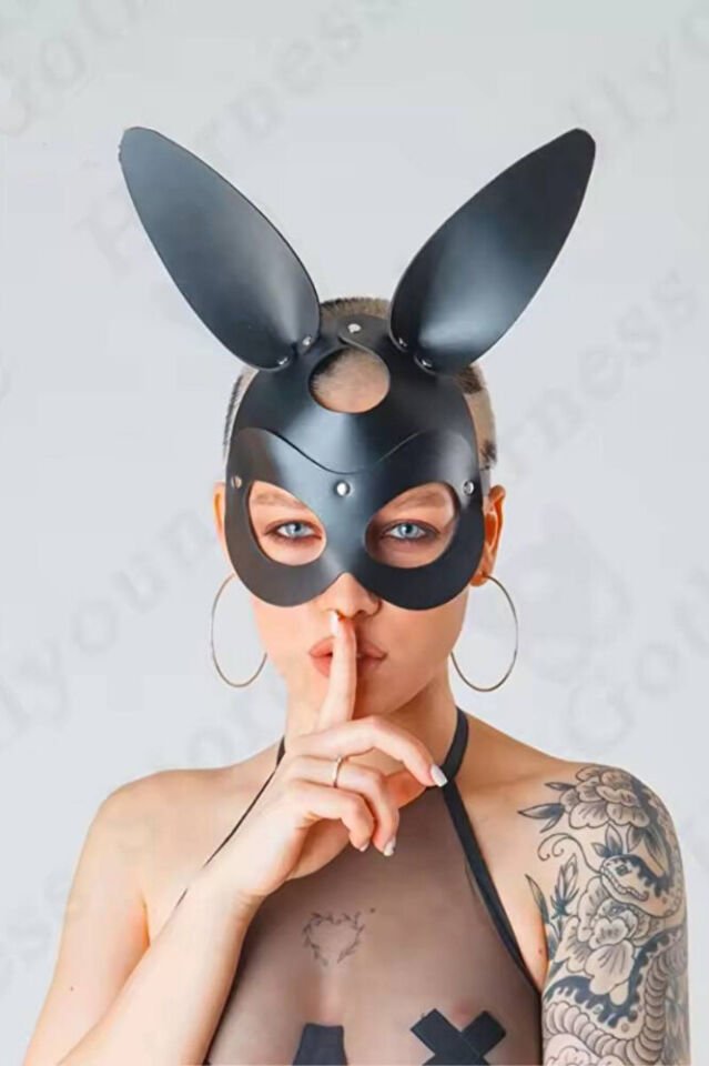 Fantazi Maske Bunny Deri Maske Fantezi Kostüm Mask-17 Kırmızı