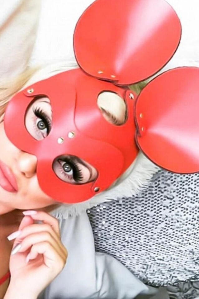 Fantazi Maske Mickey Deri Fantezi Kostüm Mask-18 Kırmızı