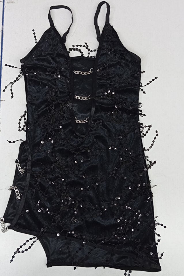 Pullu Saçaklı Zincirli Mini Abiye Parti Mezuniyet After Parti Elbise Siyah 2510