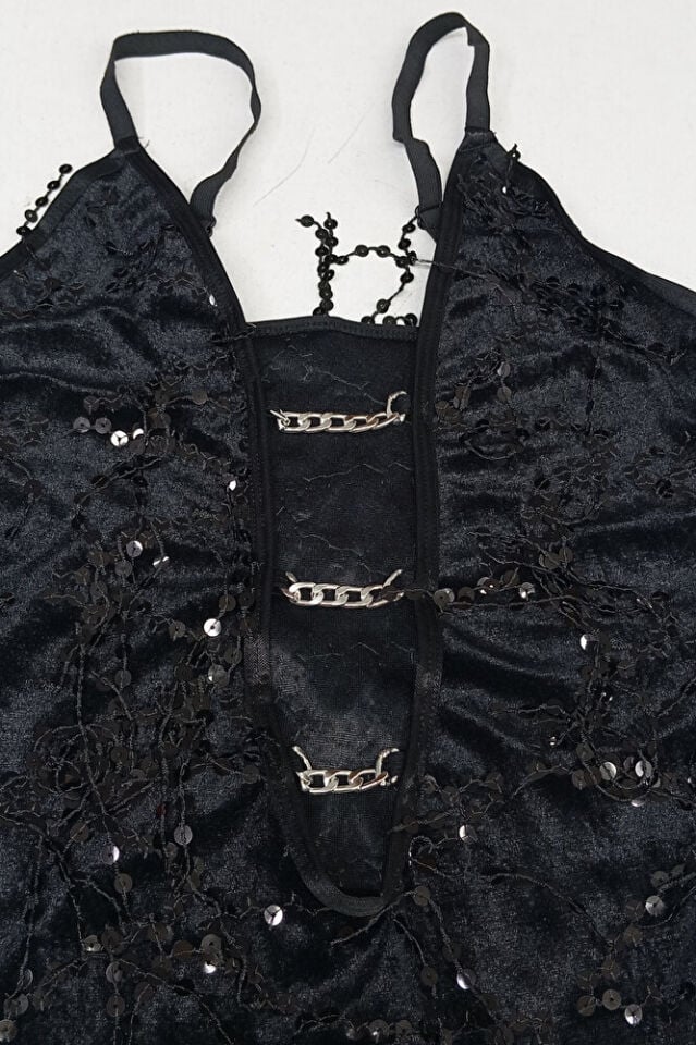 Pullu Saçaklı Zincirli Mini Abiye Parti Mezuniyet After Parti Elbise Siyah 2510