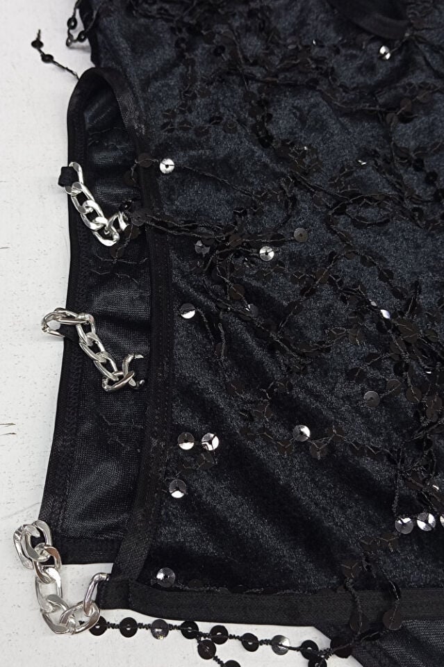 Pullu Saçaklı Zincirli Mini Abiye Parti Mezuniyet After Parti Elbise Siyah 2510