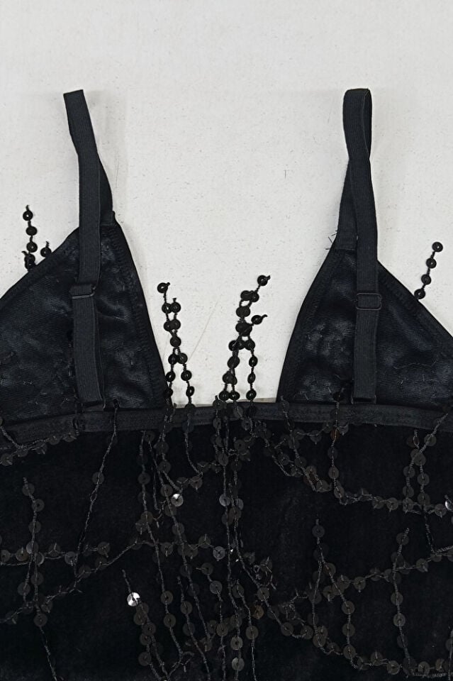 Pullu Saçaklı Zincirli Mini Abiye Parti Mezuniyet After Parti Elbise Siyah 2510