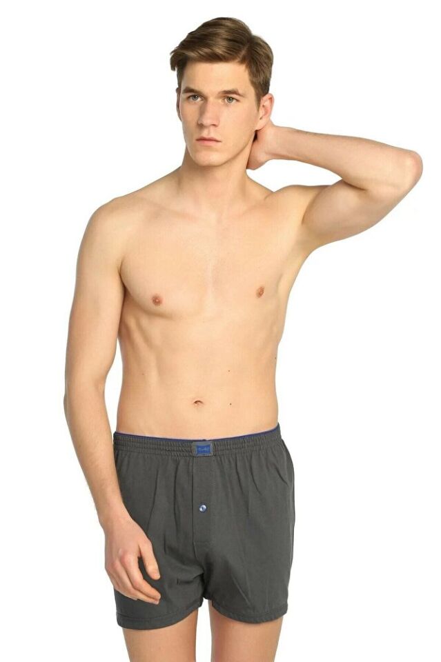 3'lü Tutku Penye Düz Düğmeli Erkek Boxer Rahat Kalıp %100 Pamuk 117 Füme