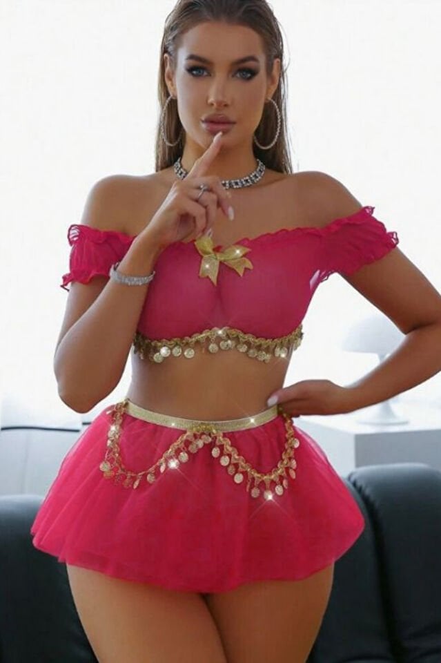 Kadın Madonna Yaka Liralı Prenses Model Fantezi Kostüm – 2 Parça (Crop + Etek)