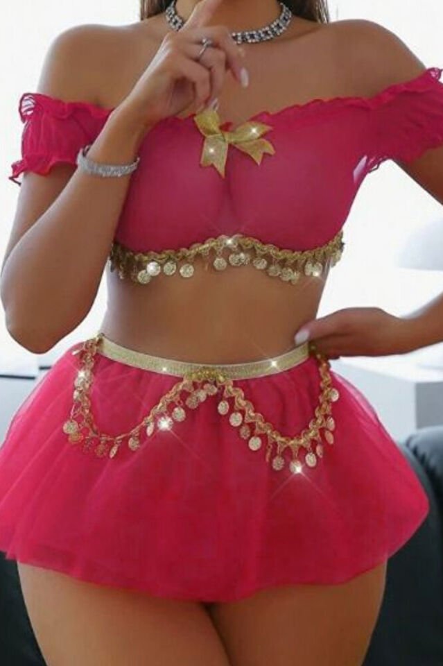 Kadın Madonna Yaka Liralı Prenses Model Fantezi Kostüm – 2 Parça (Crop + Etek)