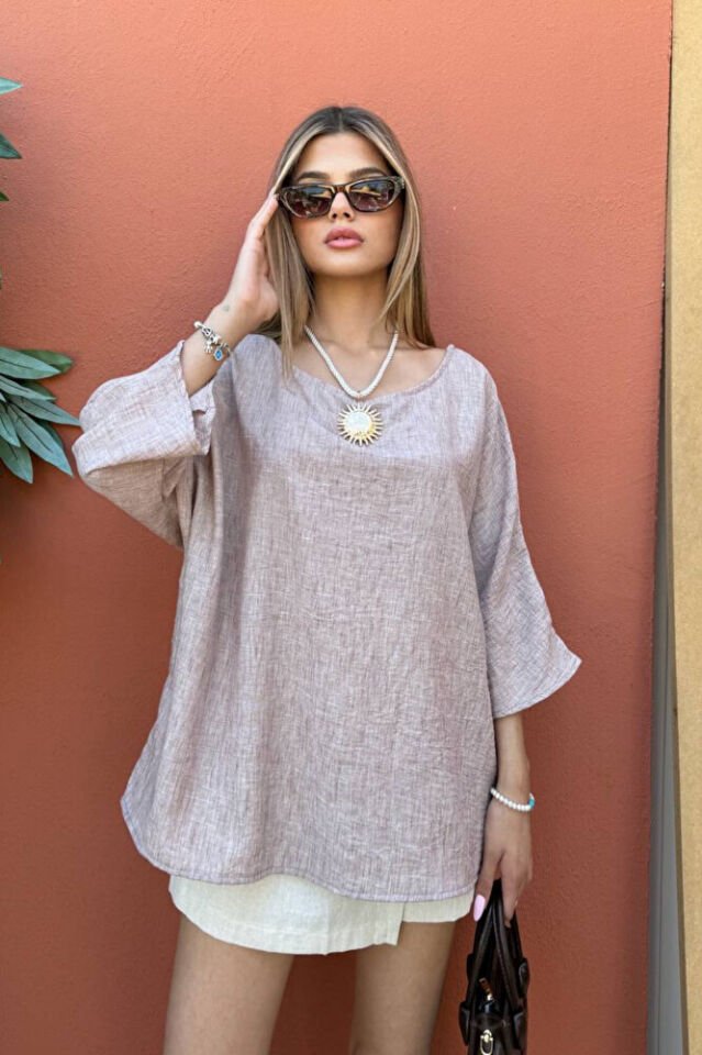 Kadın Pudra Truvakar Kol Oversize Keten Bluz – Omuz Dekolteli, Bol Kesim, Yerli