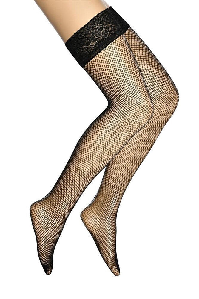 Kadın Siyah File Çorap – Silikonlu Dizüstü Jartiyer & Dantelli