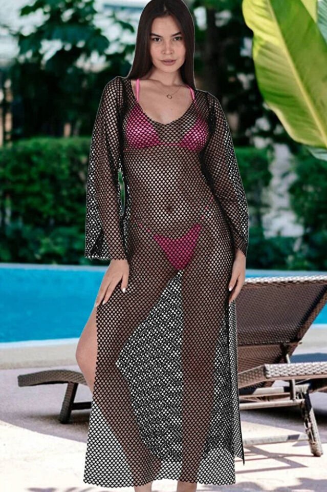 Siyah Geniş File Pareo Elbise, Uzun Kollu, Yırtmaçlı Plaj Elbisesi Standart S-M-L