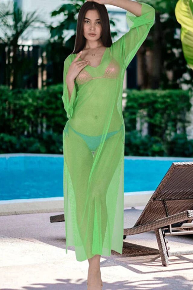 Siyah Geniş File Pareo Elbise, Uzun Kollu, Yırtmaçlı Plaj Elbisesi Standart S-M-L