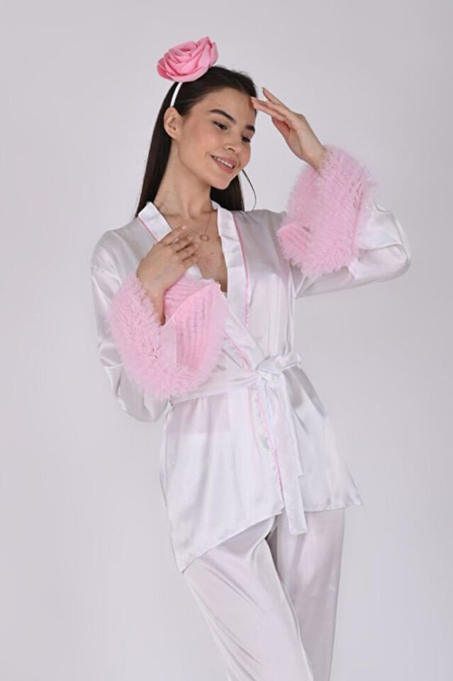 Beyaz Saten Lohusa Seti - Pijama Takımı – Taç, Terlik - 4 Parça - Pembe 3425