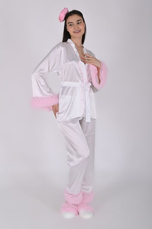 Beyaz Saten Lohusa Seti - Pijama Takımı – Taç, Terlik - 4 Parça - Pembe 3425