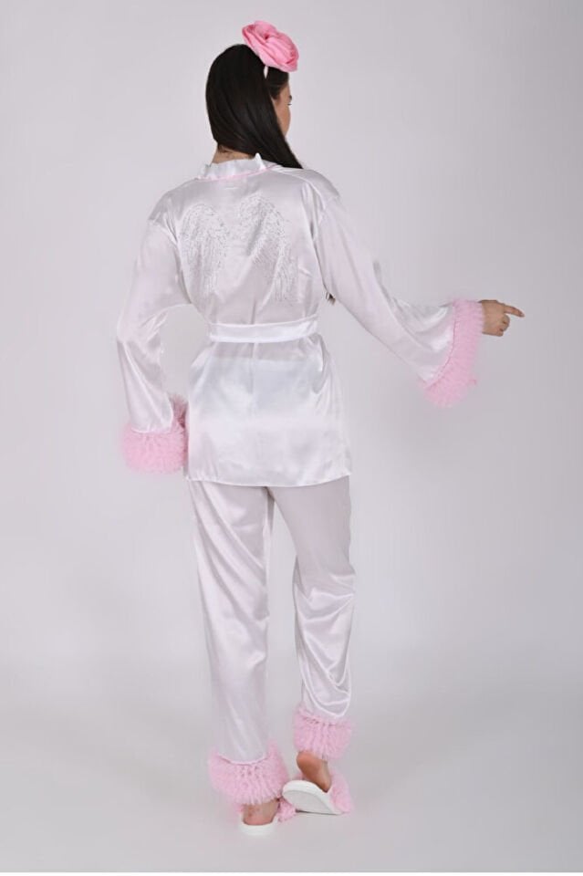 Beyaz Saten Lohusa Seti - Pijama Takımı – Taç, Terlik - 4 Parça - Pembe 3425