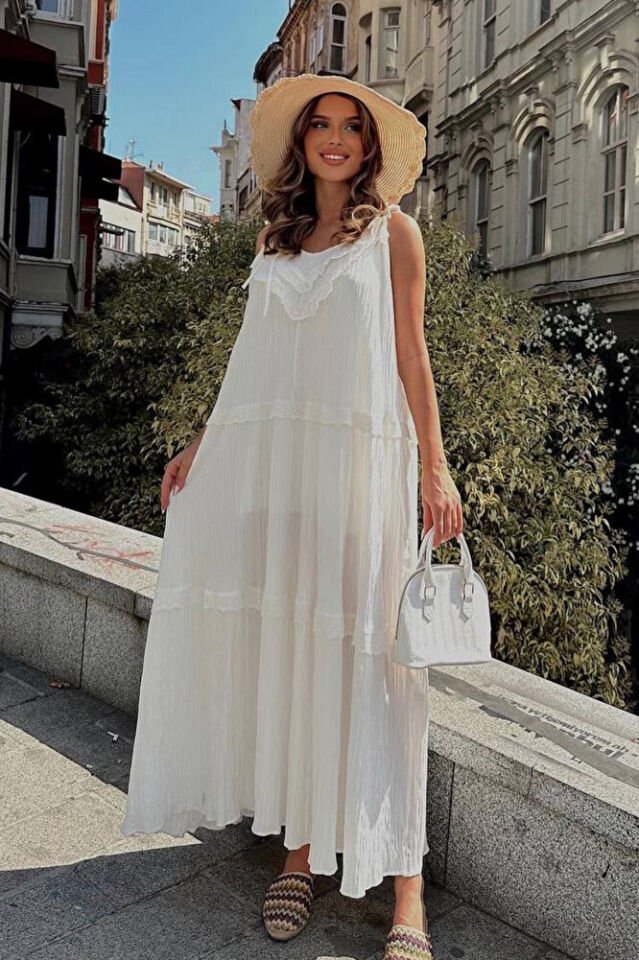 Kadın Gofre Kumaş Yazlık Elbise – Ekru, Bağcık Askılı, Fistolu, Astarlı, Bol Kesim