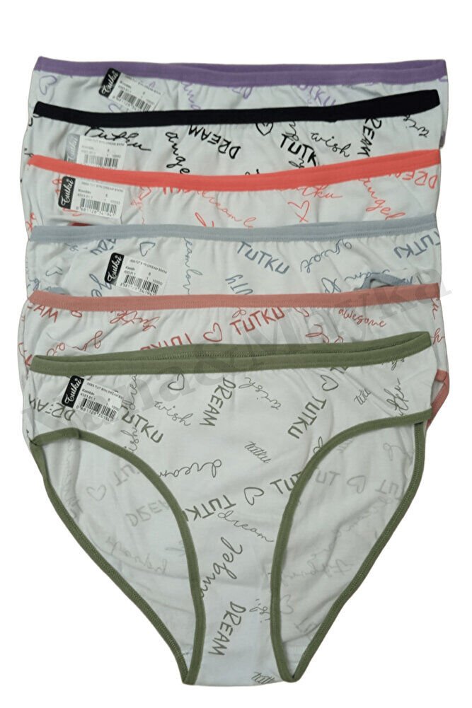 6'lı Tutku Dream Bikini Kadın Slip Külot – Yazı Desenli, Renkli, Pamuklu, L-XL