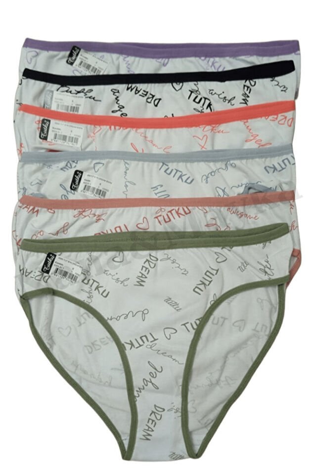 6'lı Tutku Dream Bikini Kadın Slip Külot – Yazı Desenli, Renkli, Pamuklu, L-XL