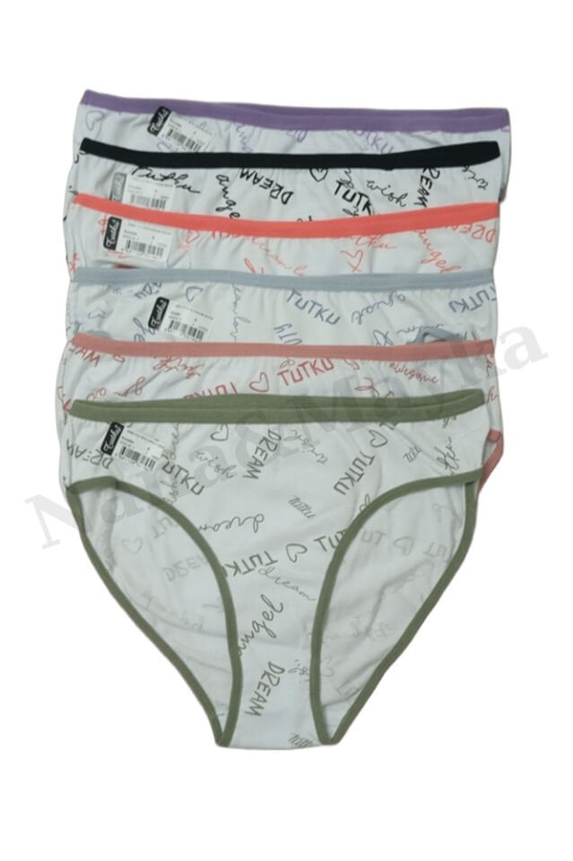 6'lı Tutku Dream Bikini Kadın Slip Külot – Yazı Desenli, Renkli, Pamuklu, L-XL