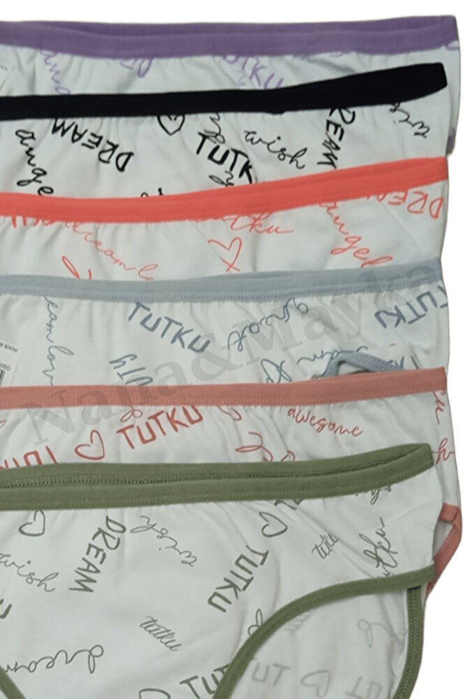 6'lı Tutku Dream Bikini Kadın Slip Külot – Yazı Desenli, Renkli, Pamuklu, L-XL